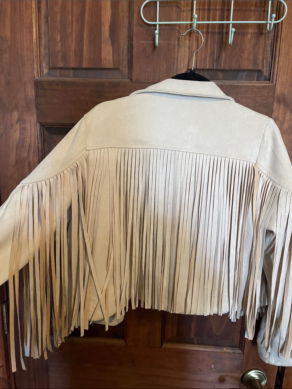 Fringed Suede-Look Jacket in Beige — Women's Leather-Style Coat - Picture 3 of 4
